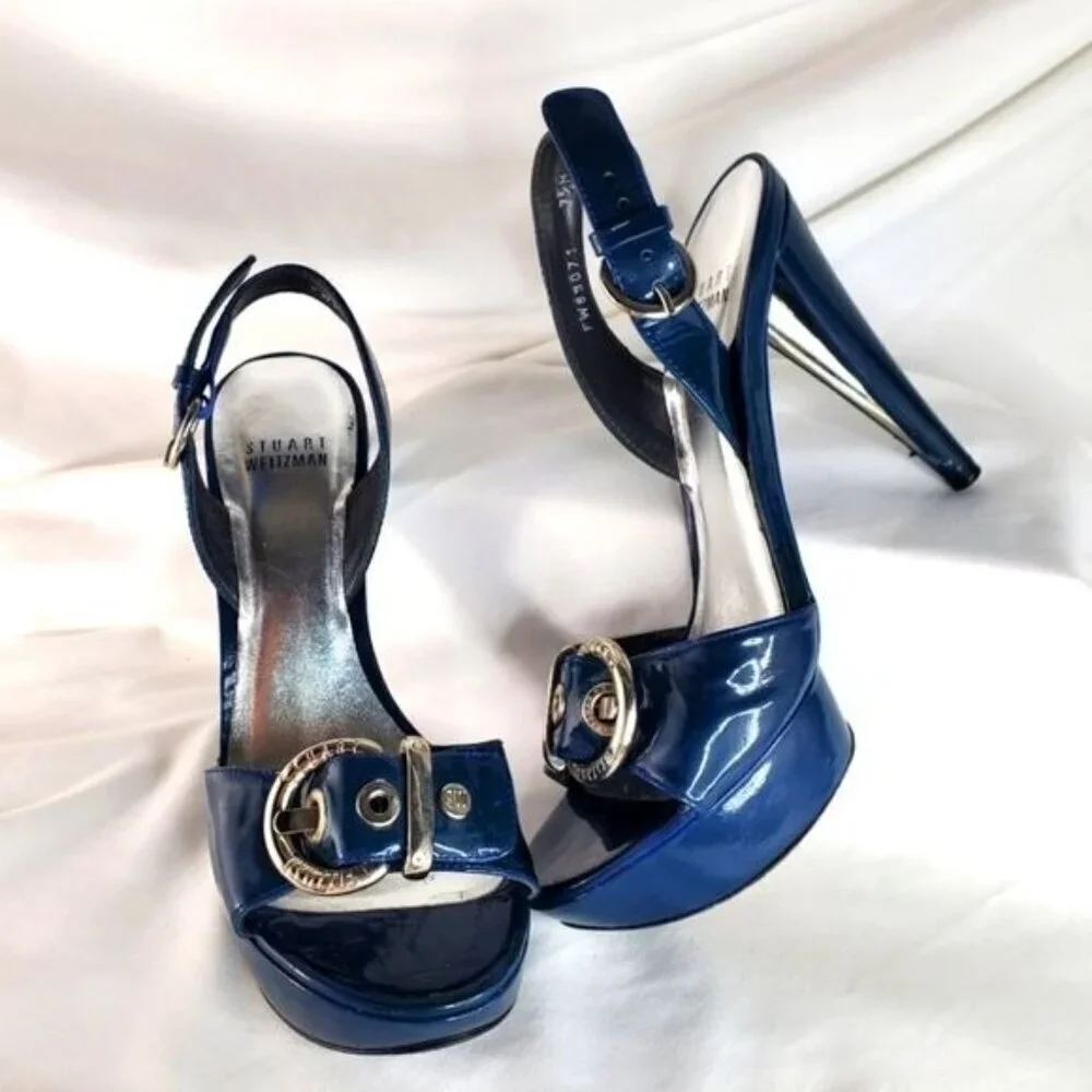 Stuart Weitzman blue patent leather buckle slingback platform shoes heel  7.5 - Picture 14 of 14